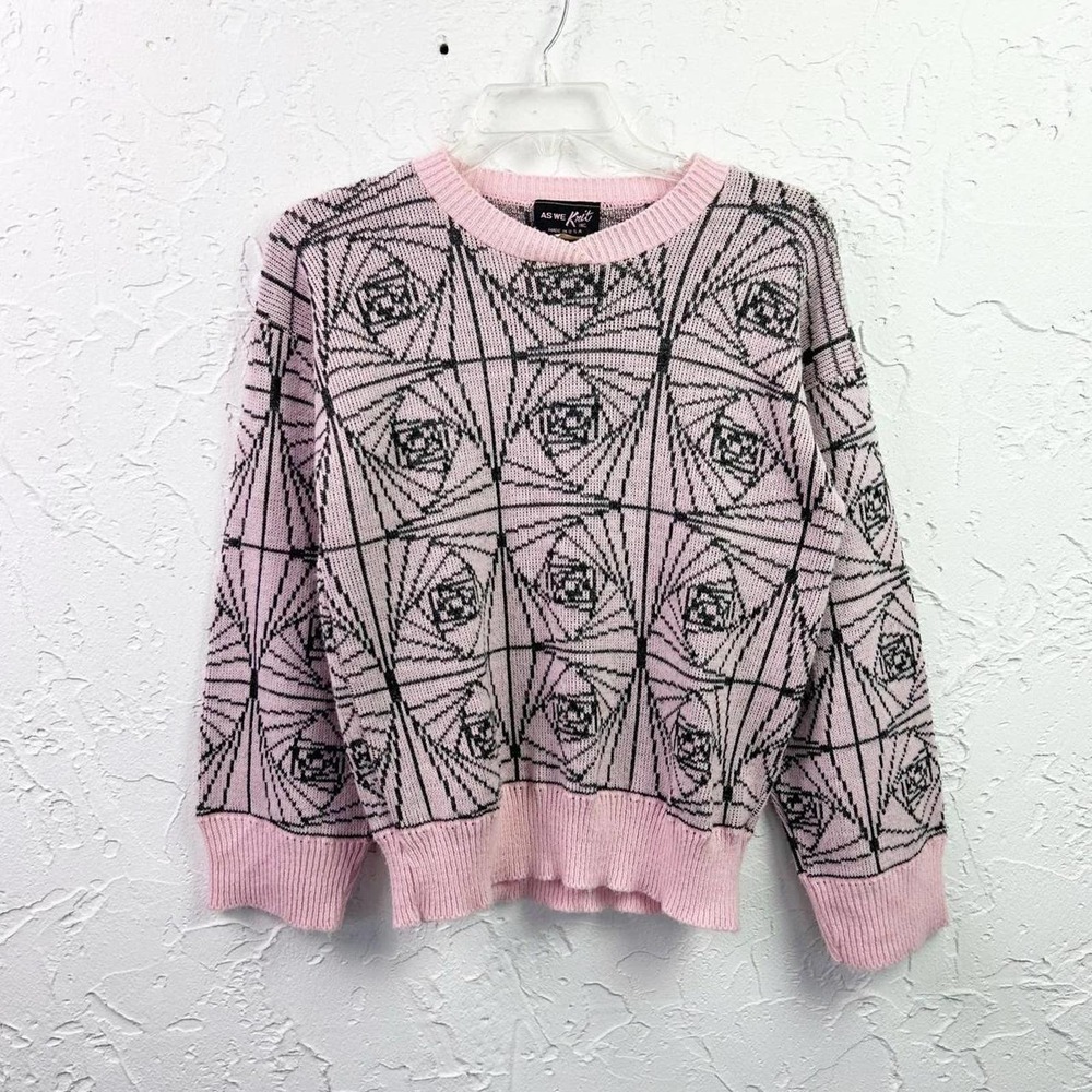 Vintage 80s 90s Light Pink Black Printed Crewneck Sweater
